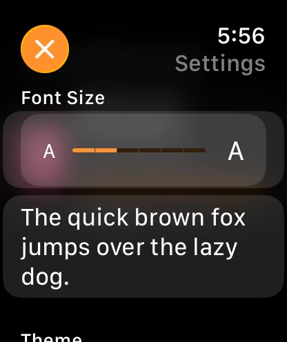 A settings screen with a font size slider and a live sample sentence.